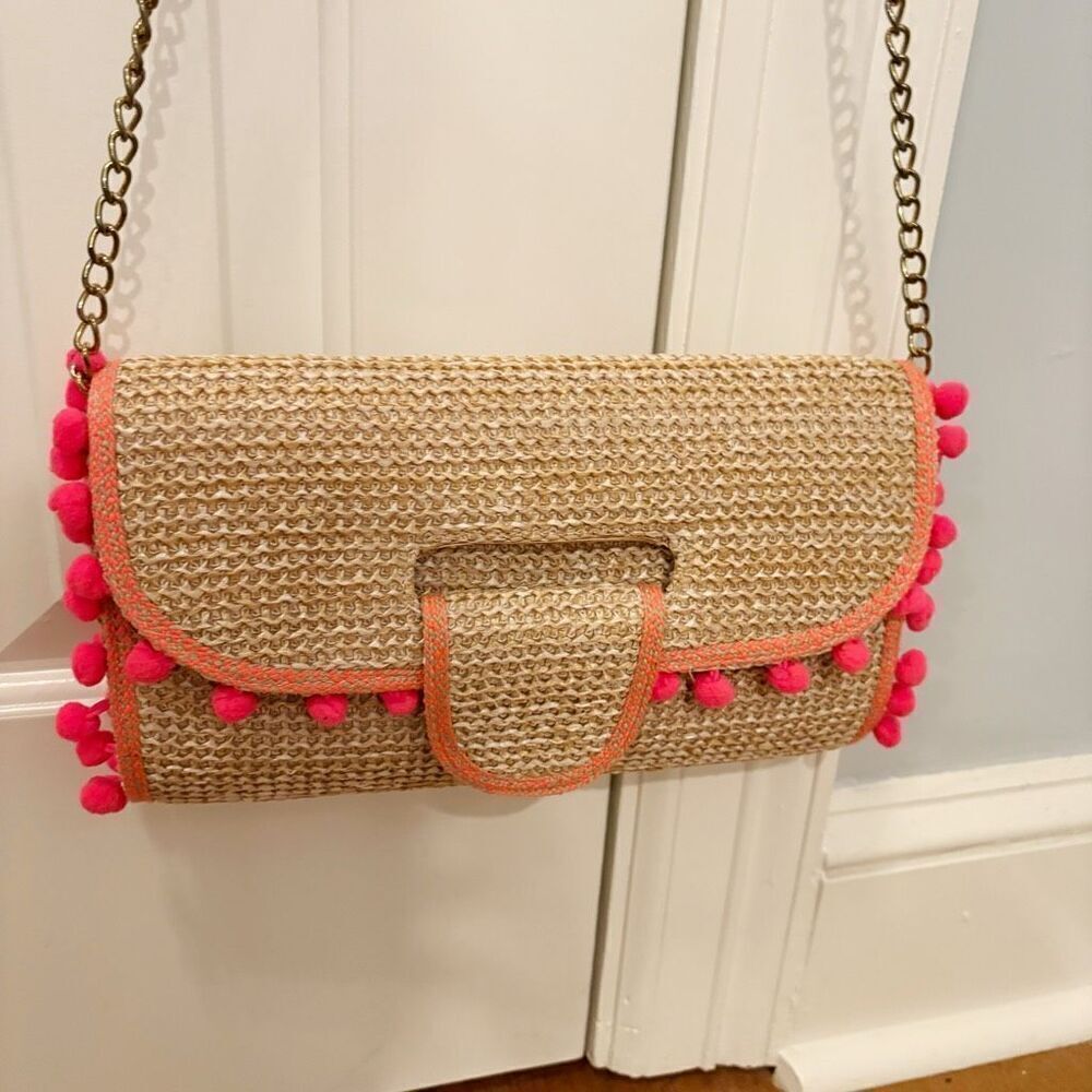Sondra Roberts Raffia Wicker Handbag Pom Pom - Picture 3 of 6